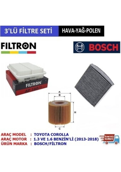 Toyota Corolla Uyumlu 1.6 Ve 1.33 Benzin Filtre Seti (2013-2018)