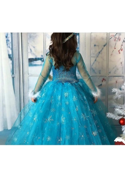 Parti Selesi Kız Çocuk Mavi Uzun Kol Simli Tarlatanlı Full Set Elsa Kostümü Mavı