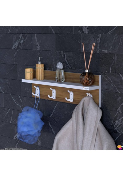 Modilayn Kedi Serisi 61,4x18 Cm 4 Lü Banyo Askısı Seti 12 Kancalı Raflı Düzenleyici Yer Tasarrufu Beyaz