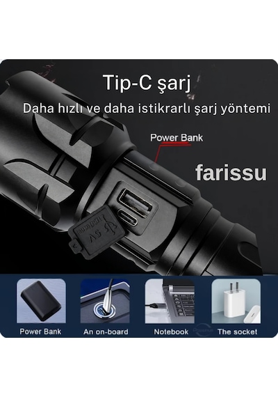 Fy-t288 50w 5000 Lümen Ultra Parlak Şarjlı El Feneri 1.5 Km Menzilli, Powerbank Özellikli