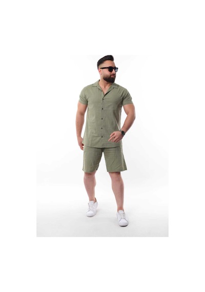 Mcz Giyim Keten Erkek Kısa Kollu Slim Gömlek Yaka Haki Pamuk Gömlek Ve Boru Paça Şort Alt Üst Takım