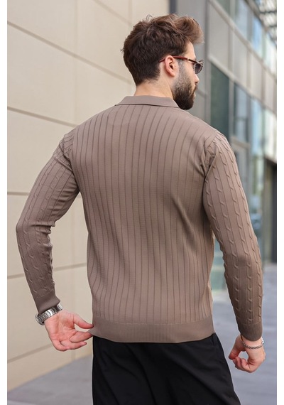 Madmext Açık Kahverengi Polo Yaka Saç Örgü Desenli Erkek Triko Kazak E7519