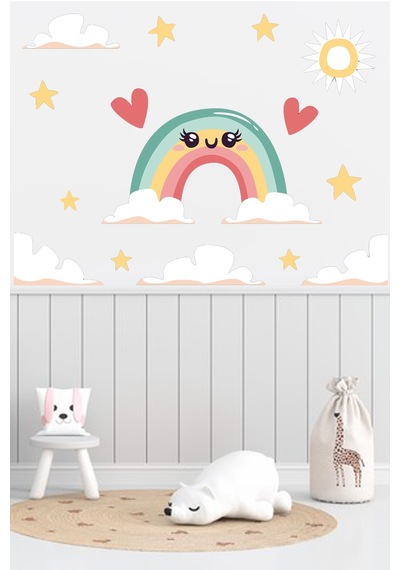 Gökkuşağı Kalp Ve Yıldızlar Çocuk Odası Sticker 70x70 Cm