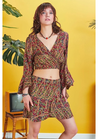 Los Banditos Bohem Stil Bordo Desenli Anvelop Mini Etek 001