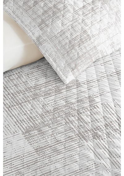 Gri Geometrik Modern Tek Kişilik Pike Takımı - Beyaz Çizgili Minimal 160x220 Cm Yazlık Yatak Örtüsü Şeffaf