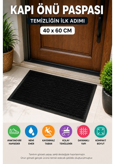 Siyah Dış Mekan 40 X 60 Cm Kapı Önü Paspas Kaydırmaz Taban Nem Alıcı Kir Tutucu Ev Giriş Paspası