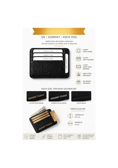 Vanilla Collection Kişiye Özel İsim Baskılı Hakiki Deri Slim Cüzdan Kartlık Portföy Siyah