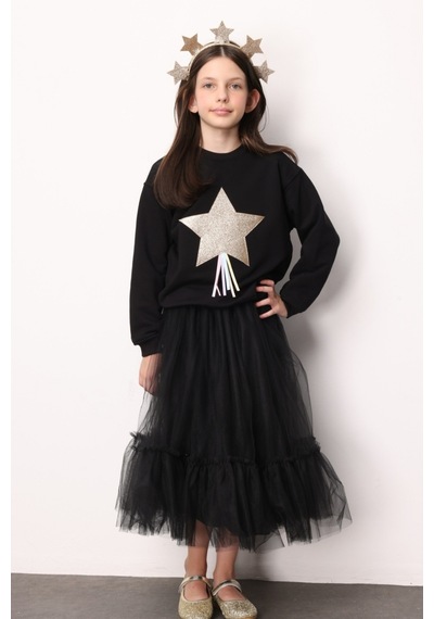 Le Mabelle Siyah Yıldız Nakışlı Kurdele Detaylı Uzun Kollu Kız Çocuk Sweatshirt Siyah