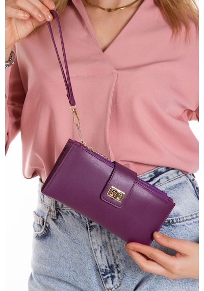 Newısh Polo Accessorıes Kadın Mor Vegan Deri Telefon Bölmeli Bilek Askılı Cüzdan Kartlık Portföy Mor