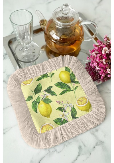Limon Çiçek Bahçesi Saçaklı Sunum Peçetesi - Pastel Yaz Ferahlığı Akdeniz Sarı Bardak Altlığı Mendil Çok Renkli