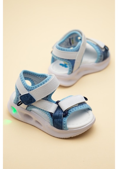 Şirin Bebe Şirinbebe Ortopedik Erkek Bebek Sandalet Beyaz Işıklı Taban Cırtlı Yan Kapalı-4751