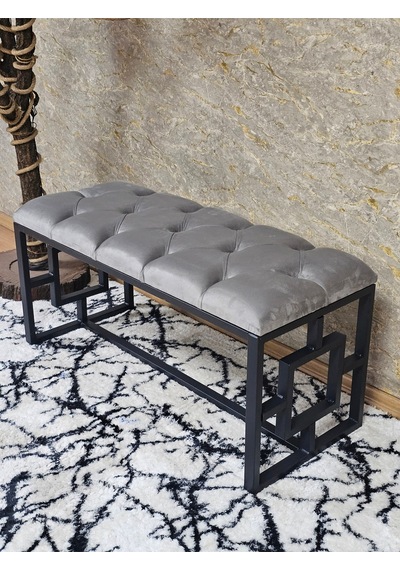 Zafir Siyah Boyalı İçi Kareli Diktörtgen 100 Cm X 40 Cm Oturak Puf - Bench - Makyaj Oturağı - Oturak Gri