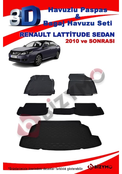 Renault Lattitude Sedan 2010+ Havuzlu Paspas + Bagaj Seti Bizymo Siyah