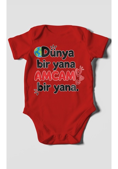 Morivokids Dünya Bir Yana, Amcam Bir Yana Kısa Kollu Bebek Body %100 Pamuk Kırmızı