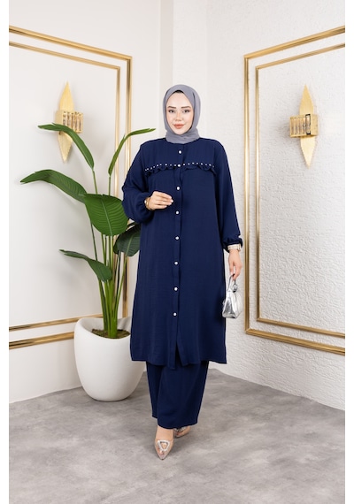 Nevayla Moda Ayrobin Kumaş İnci Detaylı Takım / T105 - Lacivert Lacivert