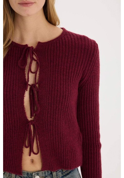 DeFacto Regular Fit Bisiklet Yaka Bağlamalı Basic Düz Triko Bordo Hırka E6914AX25SPBR188 Bordo