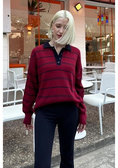 Madmext Bordo Çizgili Polo Yaka Kadın Kazak Mg2476 Bordo