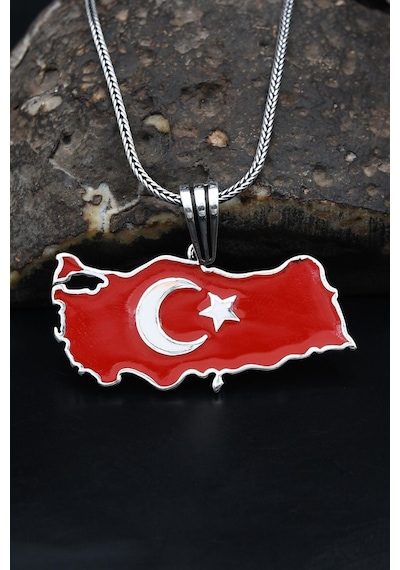 Türk Bayrağı Ay Yıldızlı Mineli 925 Ayar Gümüş Kolye Zincir 901119