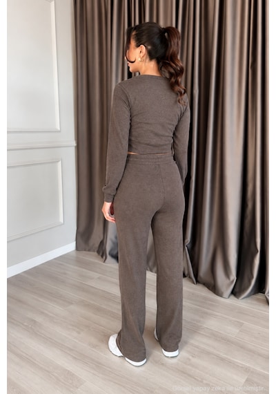 Polo State Kadın Cupra V Yaka 4 Düğmeli Crop Hırka Ve Bol Paça Pantolon - Kahverengi