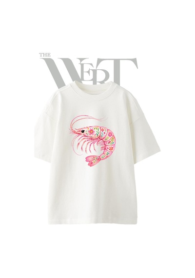 Thewert Shrimp Floral Tasarım Baskılı Ünisex Beyaz Oversize T-shirt