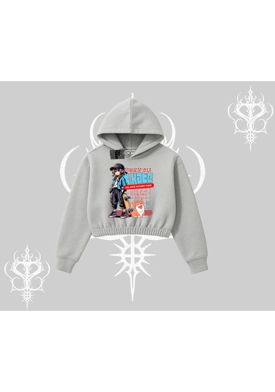 Startmore Kapşonlu Crop Sweatshirt Anime Hiker Girl Balance Is Everything Baskılı Gri