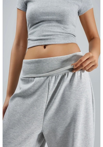 Hiccup Busem Orta Belli Geniş Paça Örme Jogger Pantolon Gri