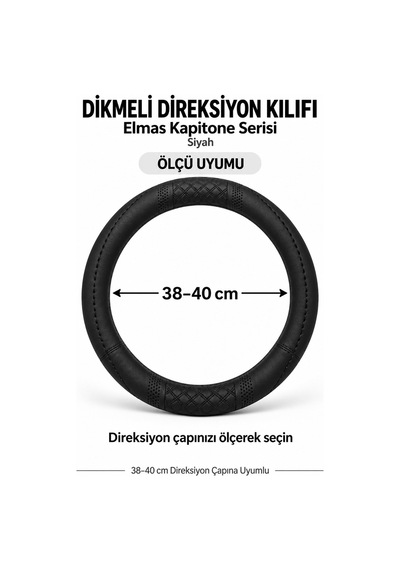 Trobus Peugeot 206 1998-2010 Uyumlu Dikmeli Direksiyon Kılıfı Elmas Kapitone Siyah
