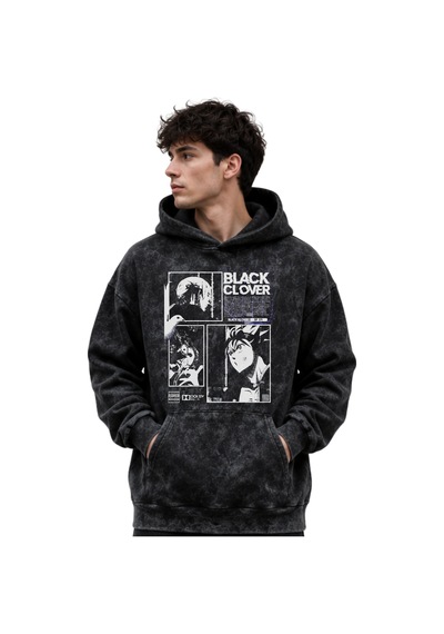 Sevbano Black Clover Anime Baskılı Unisex Oversize Premium Yıkamalı Hoodi Siyah
