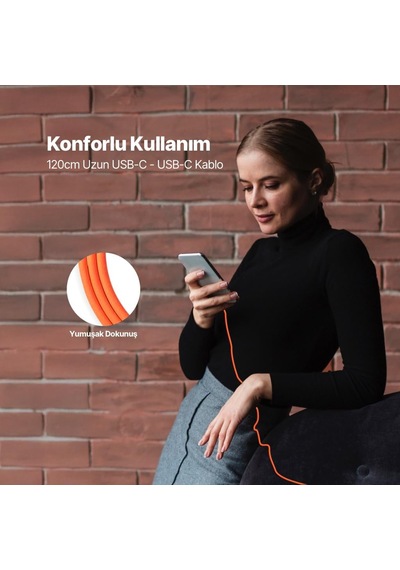 Usb-c - Usb-c 120cm 60w Pd/qc Hızlı Şarj/data Kablosu Neon 2dk59n Neon Turuncu