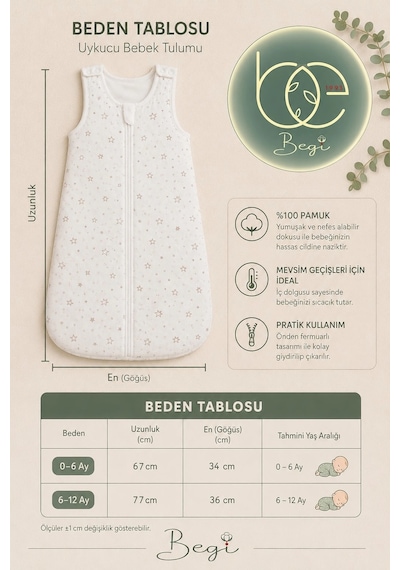 Begi 2.5 Tog Elyaflı Torba Askılı Çıtçıtlı Uyku Tulumu % 100 Pamuk Unisex