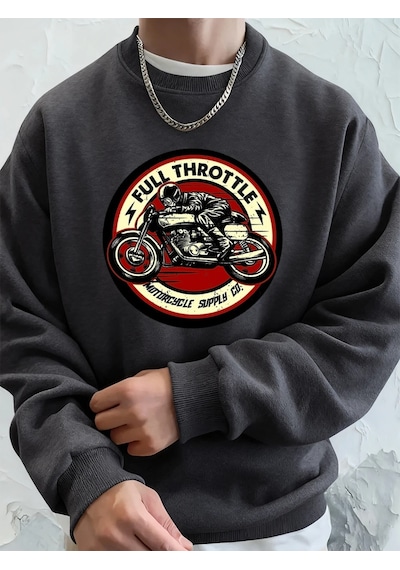 Startmore Tarzsokak Tam Gazlı Motosiklet Baskılı Erkek Kapüşonlu Üstü Sonbahar Bisiklet Yaka Sweatshirt Temel Pol Antrasit