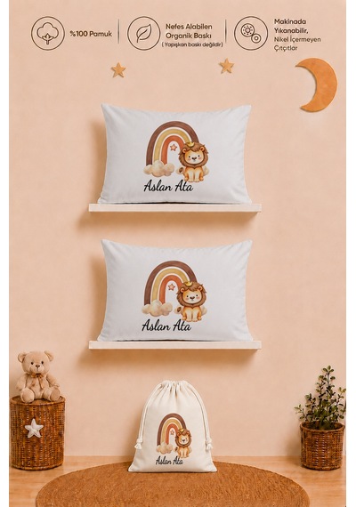 İsimli Erkek Bebek Hediye Seti 2 Adet 35x45 %100 Pamuk Yastık Kılıfı Ve Ham Bez Kıyafet Kesesi 2014y2k3x