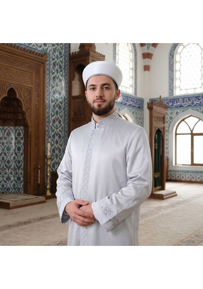 Lüks Tek Bordur Regaib İmam Cübbesi Gri Gümüş Çok Renkli