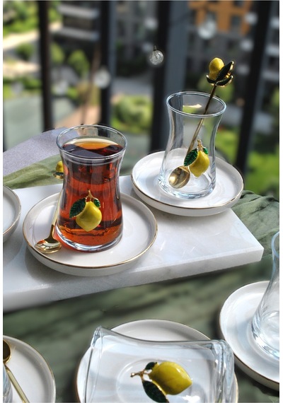 18 Parça Limon Dekorlu Çay Seti Limonlu Çay Takımı Gold