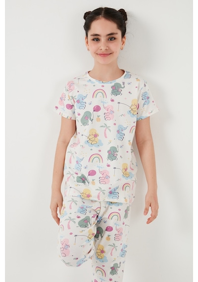 Lela % 100 Pamuk Bisiklet Yaka Kısa Kollu Kız Çocuk Pijama Takımı 6651004 Ekru