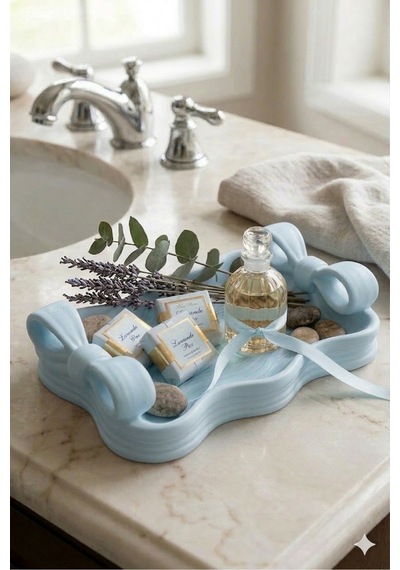 Fiyonk Detaylı Estetik Dekoratif Tepsi - 3d Baskı Modern Takı Ve Makyaj Organizeri 15x22 Cm Mavi