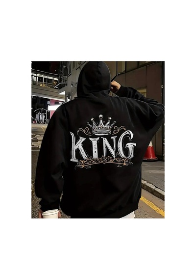 Herkesemoda Arka King Baskı Detaylı Kapüşonlu Sweatshırt Siyah