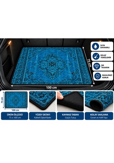 Universal 75x100 Cm Dijital Baskılı Oto Bagaj Halısı Kaymaz Tabanlı, Siyah Biyeli, Dekoratif Araç Bagaj Paspası 100cmx75cm