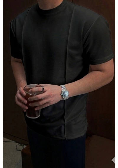 Cool Tarz Erkek Çizgi Detaylı Slim Fit Tişört Bisiklet Yaka Casual Pamuklu T-shirt Siyah Siyah
