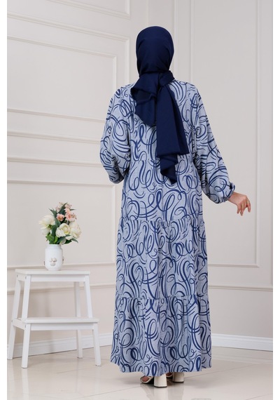 Sevitli Dalga Desen Robalı Elbise-lacivert-5283