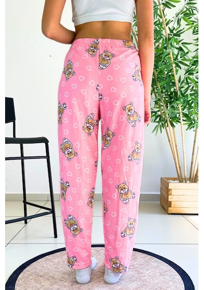 Farya Home Dreamy Soft Kadife Dokulu Ayıcık Desenli Süet Pijama Altı Pantolon Pembe