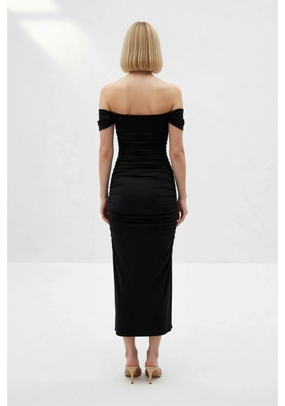 Benerly Kadın Carmen Yaka Düşük Kollu Bodycon Örme Midi Elbise Astarsız S Siyah