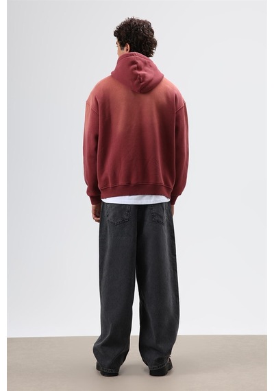 Vamos Oversize Baskılı Yıkamalı Hoodie Bordo