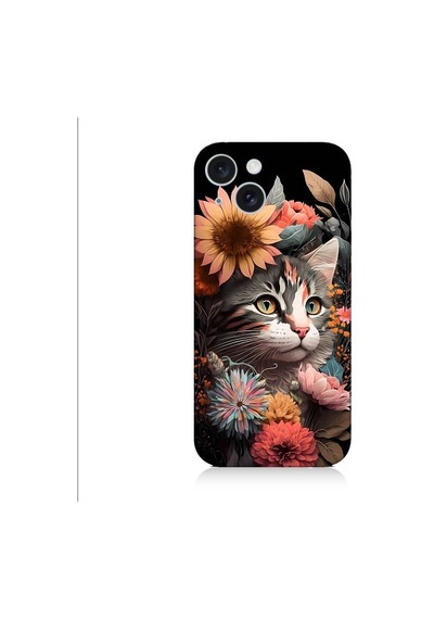 Apple Uyumlu iPhone 15 Çiçekler Ve Kül Gri Kedi Desenli Silikon Kılıf