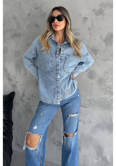 Noa & Noa Kadın Chıc Etiketli Yırtık Denim Gömlek Urban Rebel Mavi