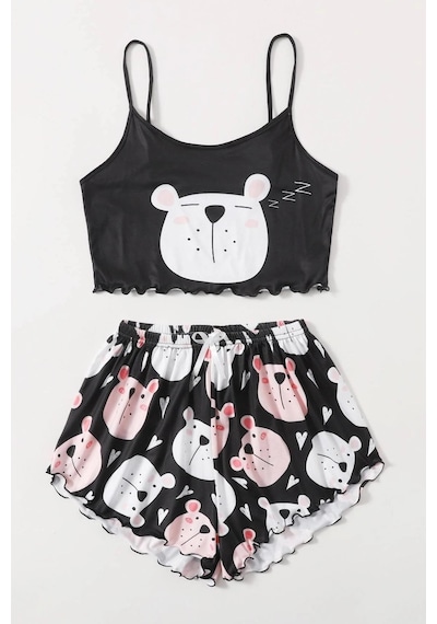 Merry See Uyuyan Ayıcık Basklı Ultrasoft Askılı Sortlu Pijama Takımı 001