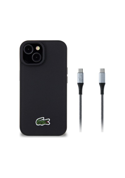 Apple Uyumlu iPhone 15 Kılıf Lacoste Lisanslı Pu Pike Desenli Timsah Logolu Ve Type-c Kablo 1.5m Siyah