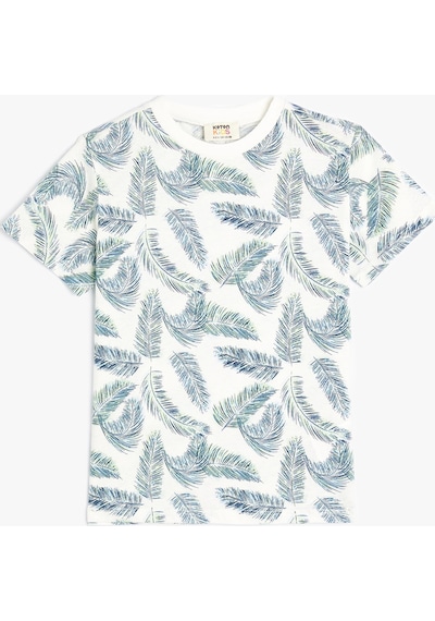 Koton T-shirt Yaprak Baskılı Kısa Kollu Bisiklet Yaka Pamuklu Lacivert Desenli 4skb10171tk Lacivert