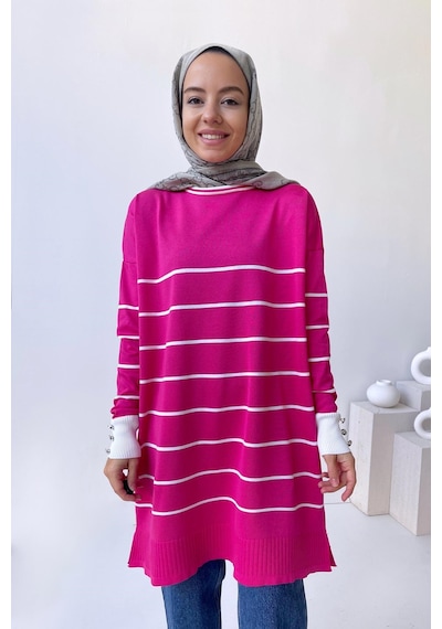 Kahijab Bisiklet Yaka Çizgili Merserize Tunik - Fuşya