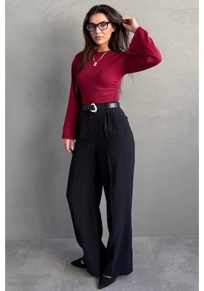 Madmext Siyah Modern Kesim Kemerli Yüksek Bel Bol Paça Kumaş Pantolon Mg2618 siyah